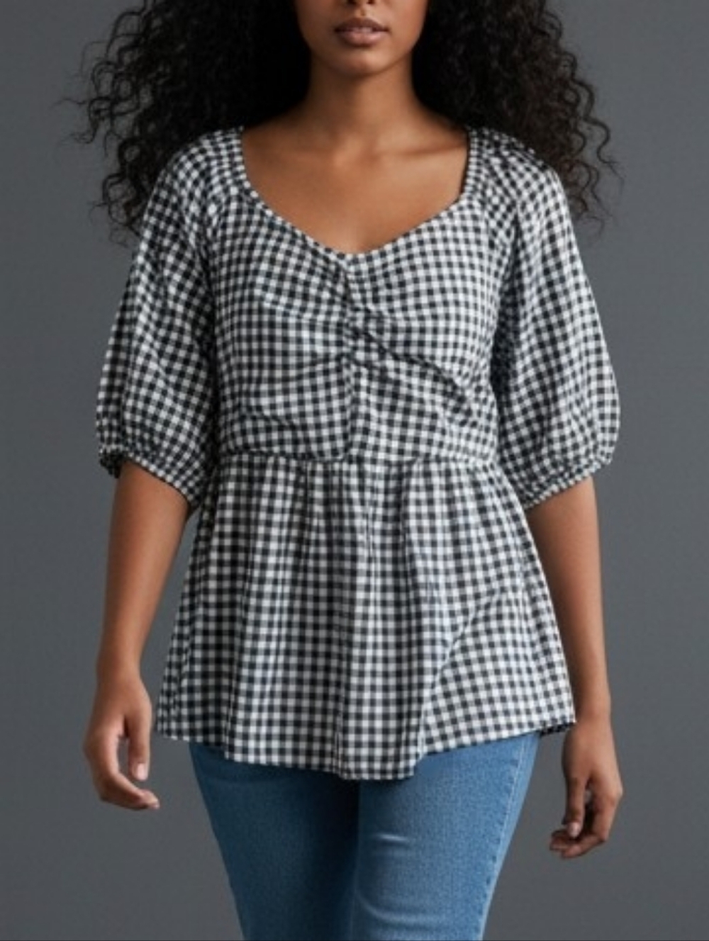 Women’s Black And White Checkered Peasant Blouse